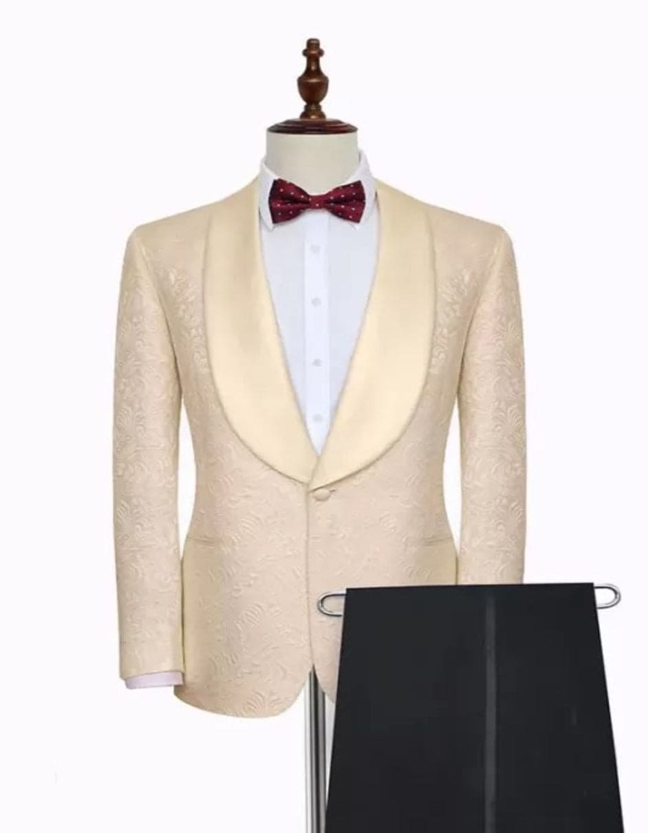 Modern Champagne Shawl Lapel Tuxedo Damask Wedding Suit For Men