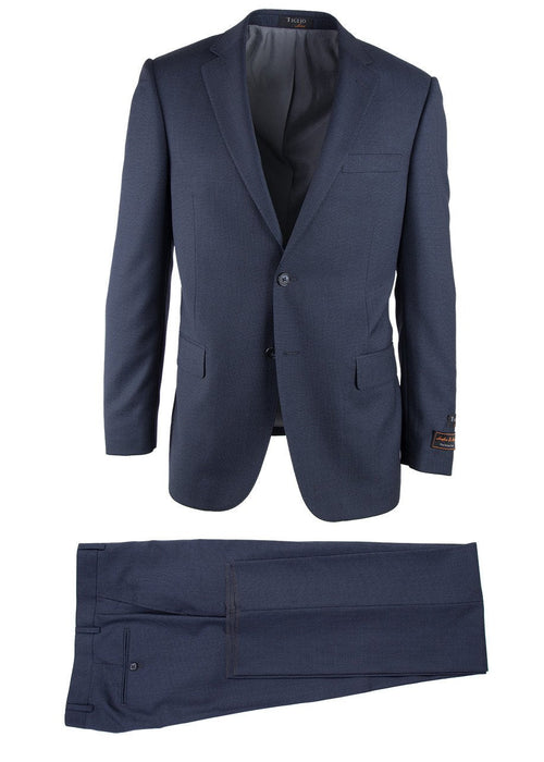 Tiglio Italian suit: dark blue, tailored blazer with notch lapel, single-button closure, and two pockets. Matching flat-front trousers. Smooth, lightweight fabric suggests a blended material.