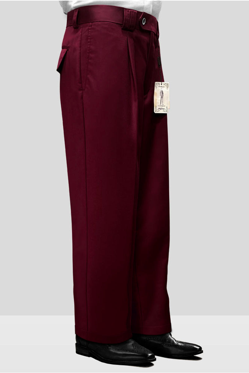 Burgundy Italian wool wide-leg men's dress pants. Smooth fabric, straight leg, and solid color. Includes side pockets and button closure.