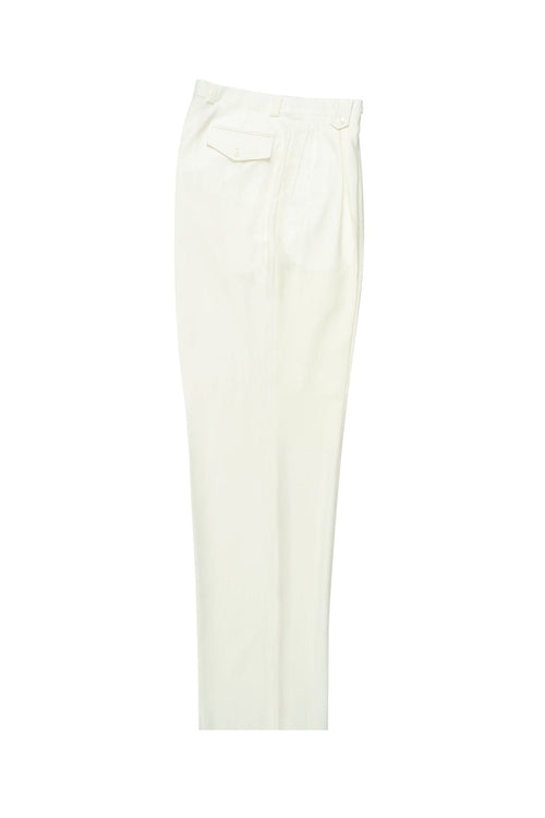 Off-white Tiglio Luxe pure wool wide-leg dress pants. Straight leg, tailored silhouette. Features: zip fly, two back pockets with flaps. Formal and clean appearance.