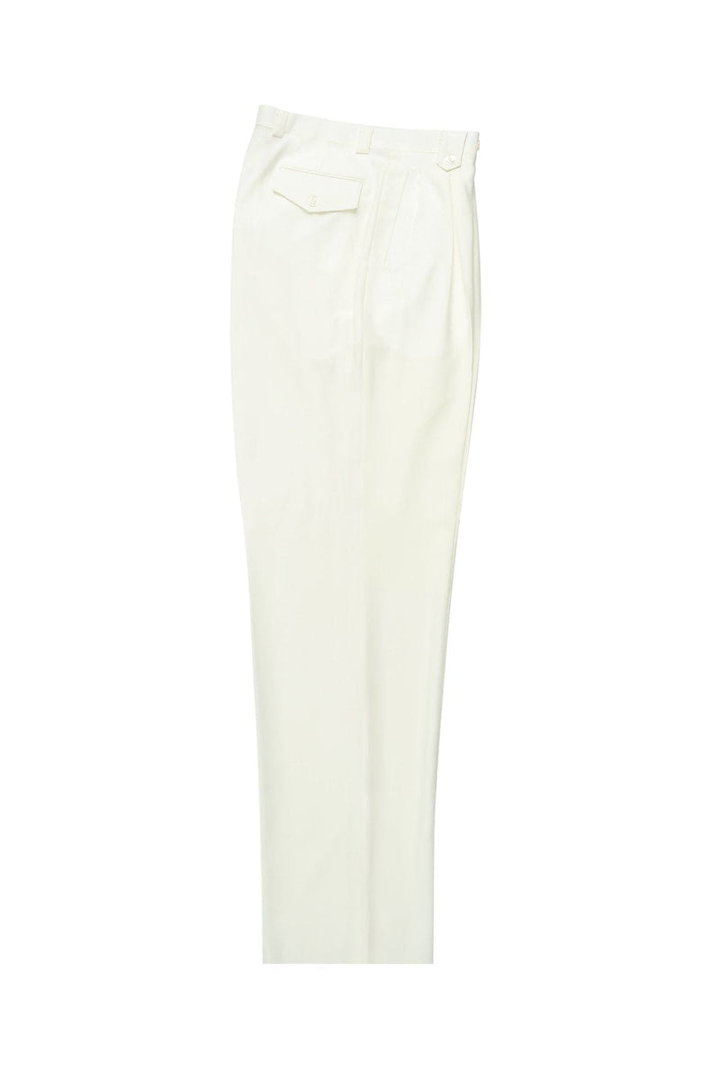 Off-white Tiglio Luxe pure wool wide-leg dress pants. Straight leg, tailored silhouette. Features: zip fly, two back pockets with flaps. Formal and clean appearance.