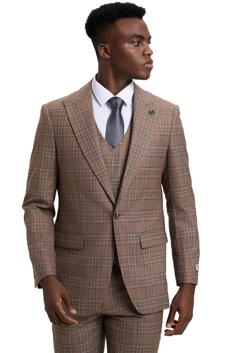 Men's Stacy Adams light brown plaid suit. One-button peak lapel. Structured silhouette, double-breasted vest. Features brown, beige, white, and dark lines in plaid.