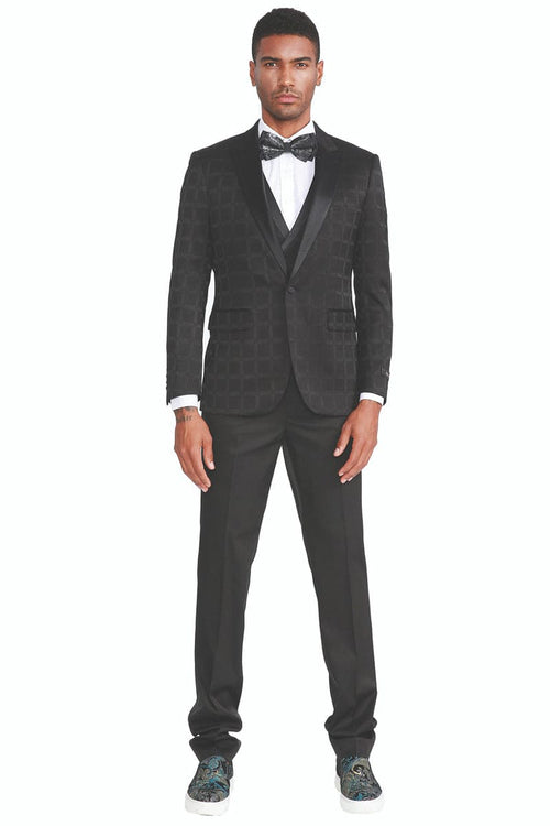 "Black Plaid Men's Tuxedo with One Button Peak Lapel & Double Breasted Vest"