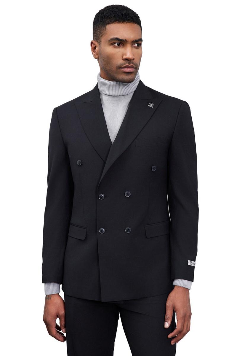 Black Stacy Adams double-breasted suit. Structured silhouette with peak lapels, tailored fit, and smooth fabric. Features two rows of buttons, front pockets, and fitted sleeves. Branded lapel detail.