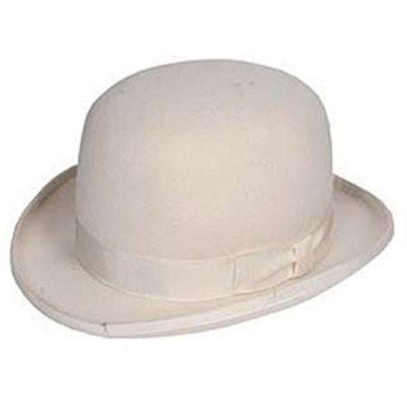 Men's off-white bowler hat: rounded crown, narrow sloping brim. Lightweight, smooth material with a matching band.
