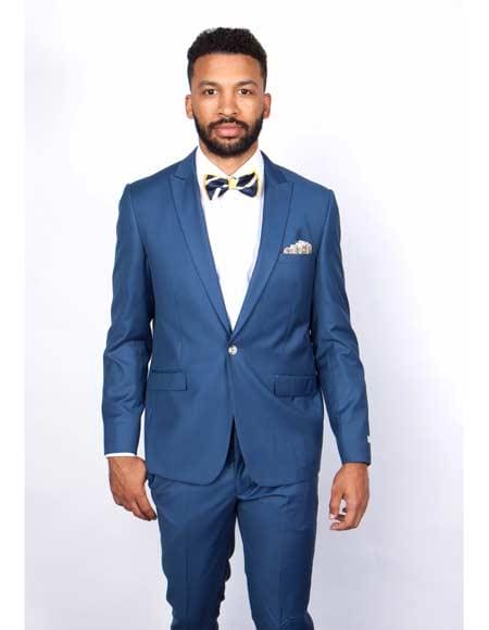 Blue Slim Fit Mens Suit by Rossiman Rossi - Skinny Style with 1-Button Jacket