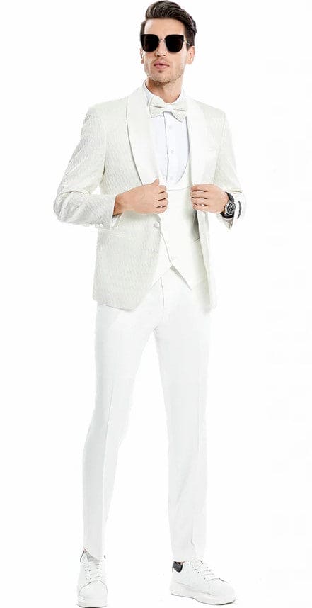 Mens One Button Vested Solid Shawl Collar Wedding and Prom Tuxedo in Ivory