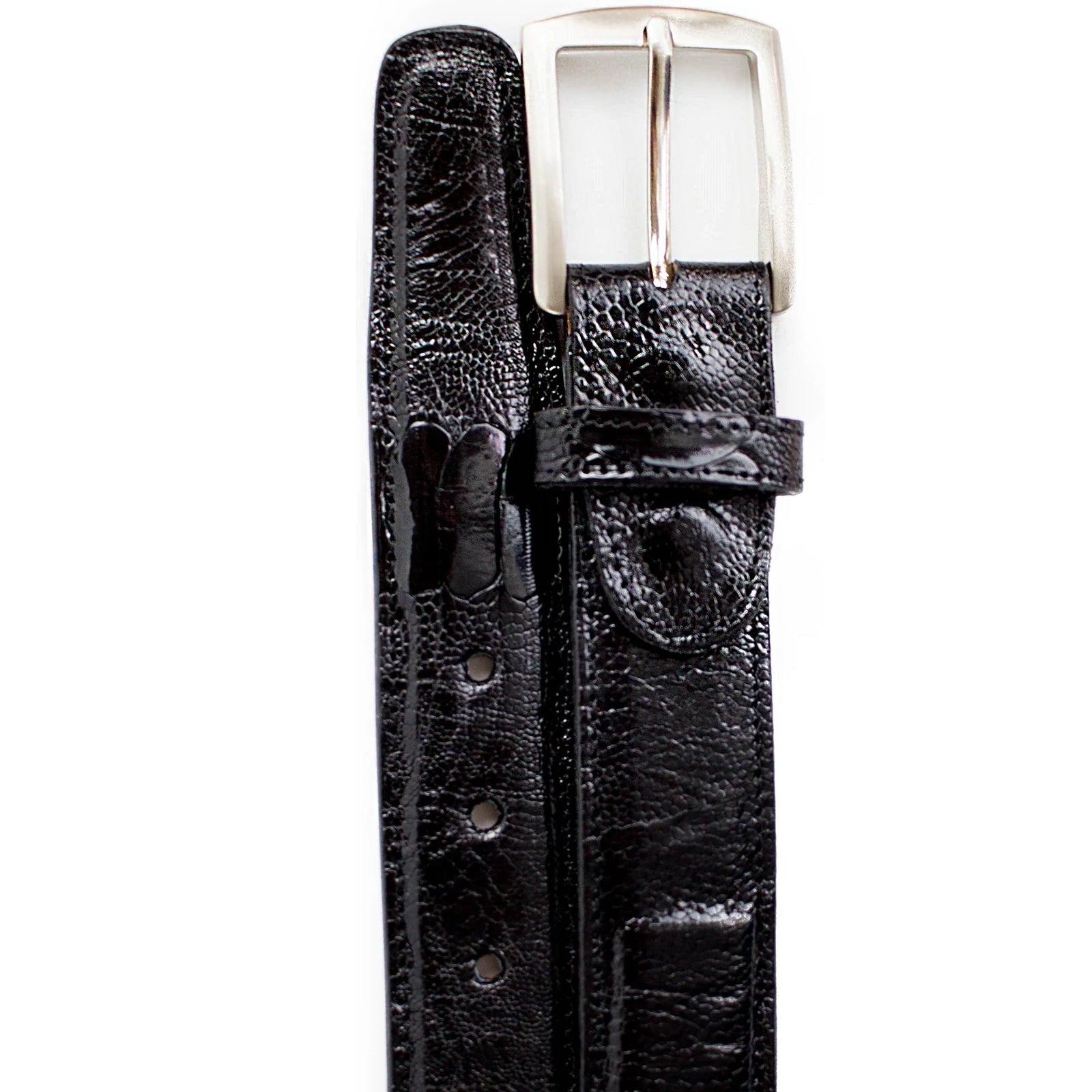 Men's black Belvedere dress belt crafted from genuine ostrich leg leather. Features textured pattern, silver rectangular buckle, and adjustable sizing holes. Glossy finish.