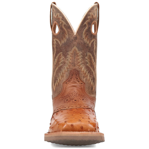 Dan Post Martel Western boots in tan brown ostrich leather. Tall, structured silhouette with rounded toe and textured, bumpy leather upper. Contrasting decorative stitching. Rubber sole. Pull tabs for easy wear.