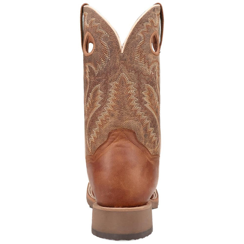 Dan Post Martel boots: Tan brown ostrich leather. Tall shaft with V-cutout & pull tabs. Textured upper, smooth lower. Stacked heel, rounded toe. Classic Western style.