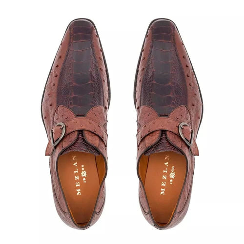 Mezlan Men's Genuine Full Quill Ostrich Leg Monk Strap Brown Shoes