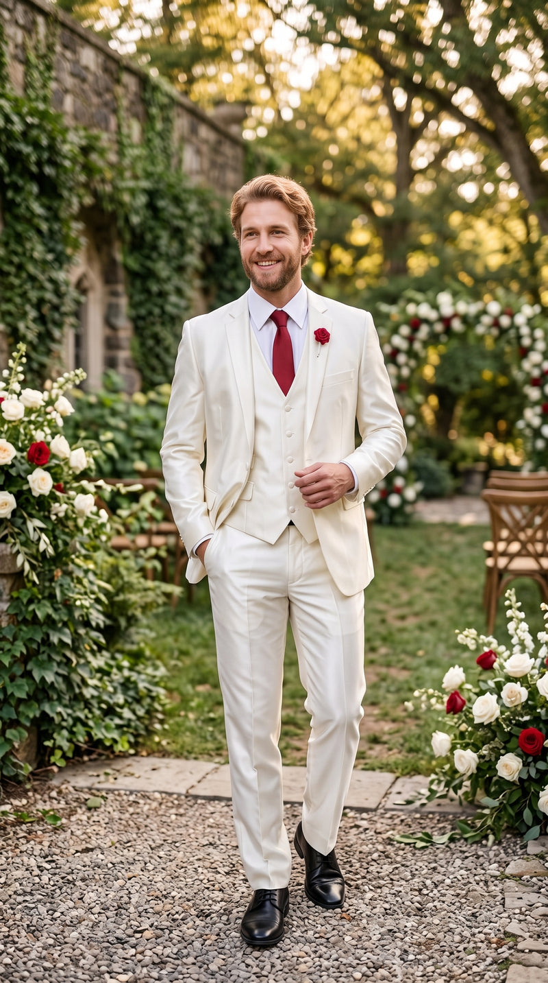 Tazio Men’s White Shiny Sharkskin 3 Piece Suit, Modern Fit Vested Formal Wedding Prom Suit