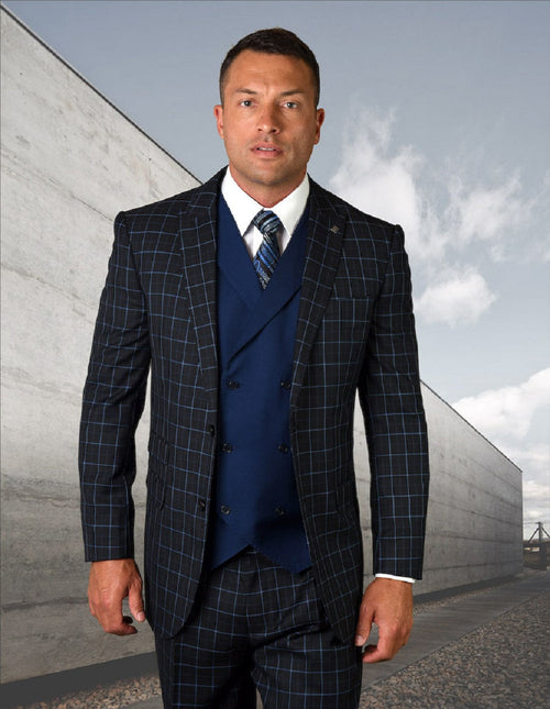 Navy suit with windowpane pattern. Features peak lapels, fitted shape, and a double-breasted vest. Made of sturdy material, the suit displays dark navy with light blue grid lines. Includes trousers.