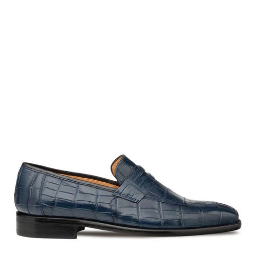 Piccolo Blue Genuine Alligator Penny Loafer by Mezlan – Exotic Dress Shoe Made in Spain