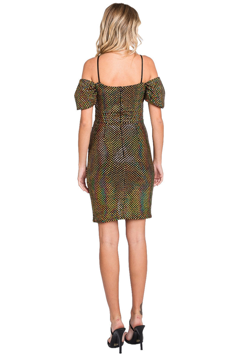 Off Shoulder Metallic Nylon Fitted Puff Sleeve Cocktail Dress by Perrty 3074