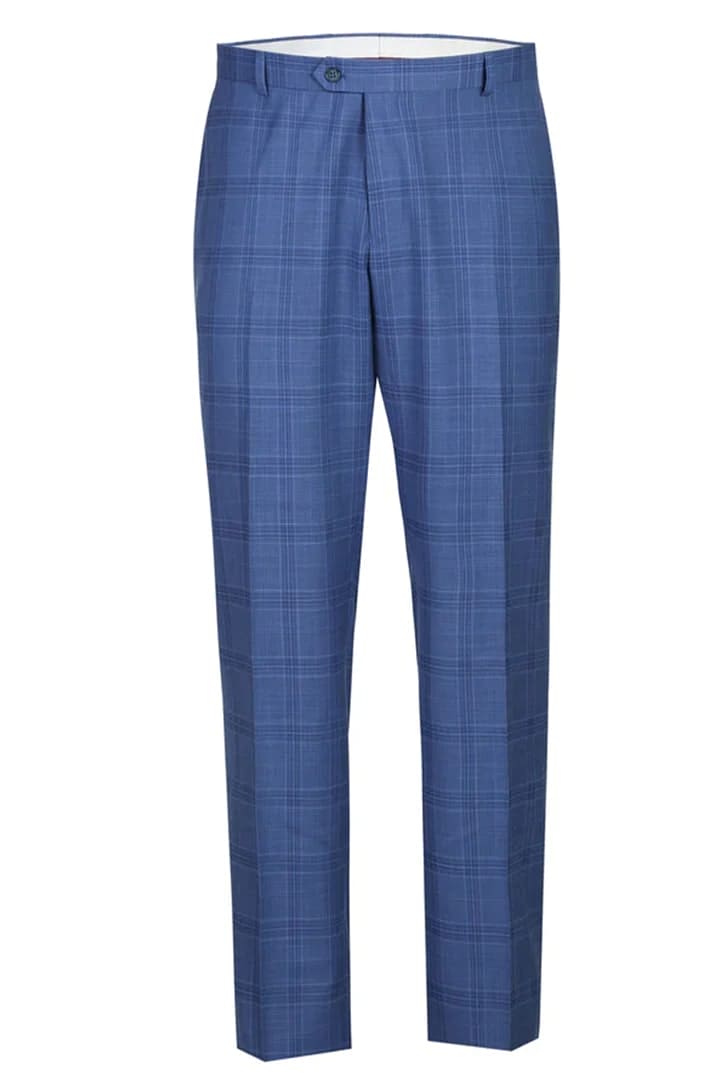 Mens Plaid Suit - Patterned Business Suit - Mens Two Button Slim Fit Two Piece Suit In Light Blue Windowpane Plaid