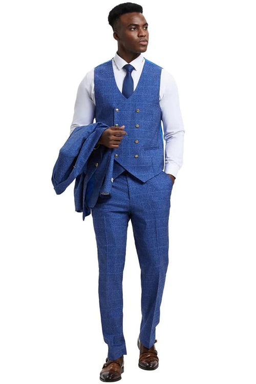 Plaid Suit - Windowpane Suit - Checkered Suit - Mens Vested Blue Suit