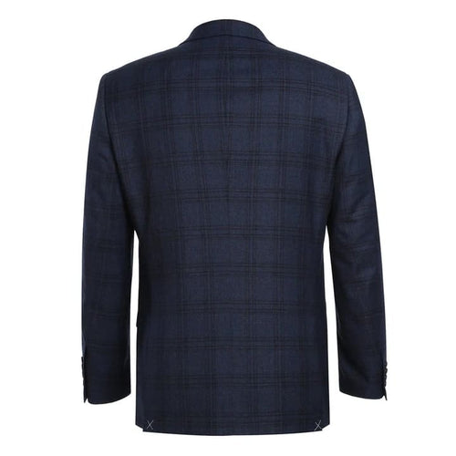Mens Plaid Suit - Patterned Business Suit - Mens Two Button Slim Fit Two Piece Hack Pocket Stretch Suit In Navy Blue Windowpane Plaid