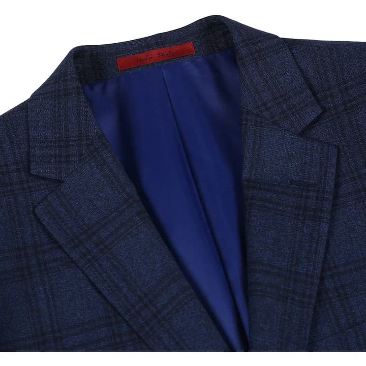 Mens Plaid Suit - Patterned Business Suit - Mens Two Button Slim Fit Two Piece Hack Pocket Stretch Suit In Navy Blue Windowpane Plaid