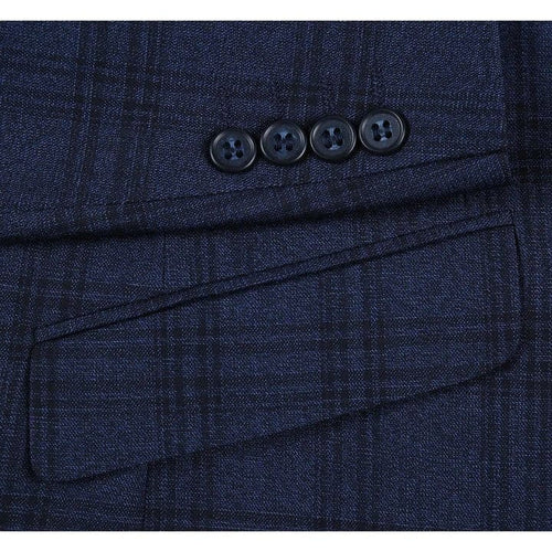 Mens Plaid Suit - Patterned Business Suit - Mens Two Button Slim Fit Two Piece Hack Pocket Stretch Suit In Navy Blue Windowpane Plaid