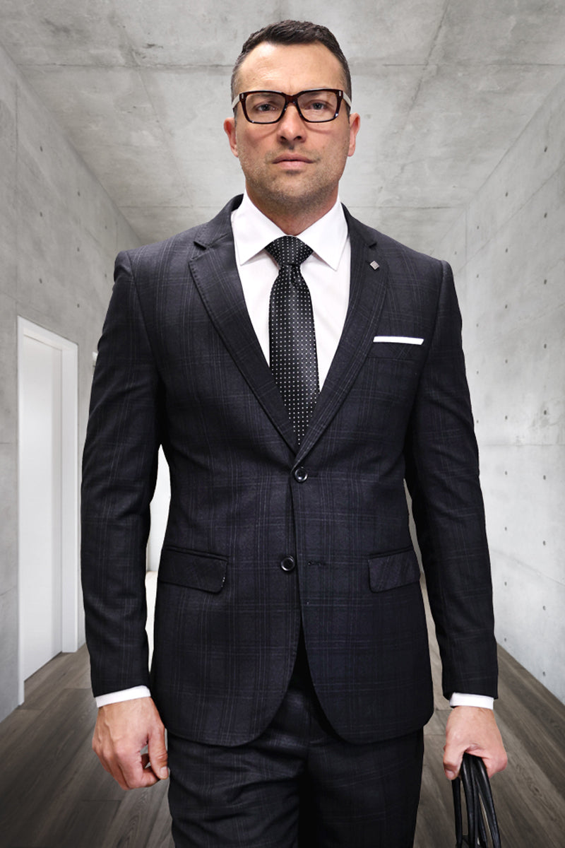 Modern fit men's Italian wool suit in black plaid. Tailored silhouette, single-breasted jacket, notch lapels. Wool blend with gray accents. Includes matching straight-leg trousers.