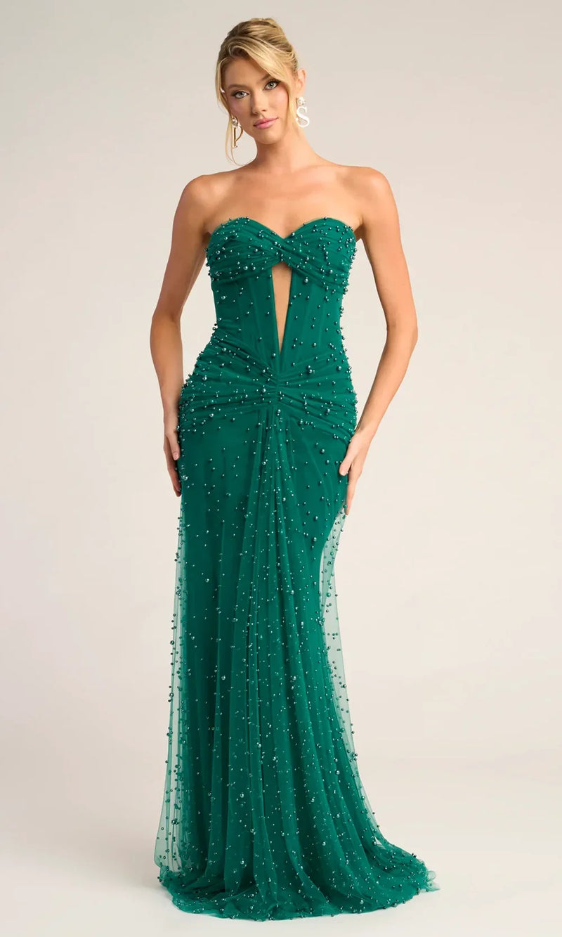 Beaded Sheath Evening Gown with Sheer Corset Bodice Formal Prom Dress Portia and Scarlett PS26022