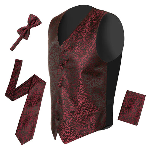 Burgundy adjustable vest set featuring a detailed swirling pattern in a darker hue. The back is constructed from black material. Accompanying the vest are a matching tie and bow tie, both displaying the same burgundy pattern, along with a pocket square.