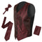Burgundy adjustable vest set featuring a detailed swirling pattern in a darker hue. The back is constructed from black material. Accompanying the vest are a matching tie and bow tie, both displaying the same burgundy pattern, along with a pocket square.