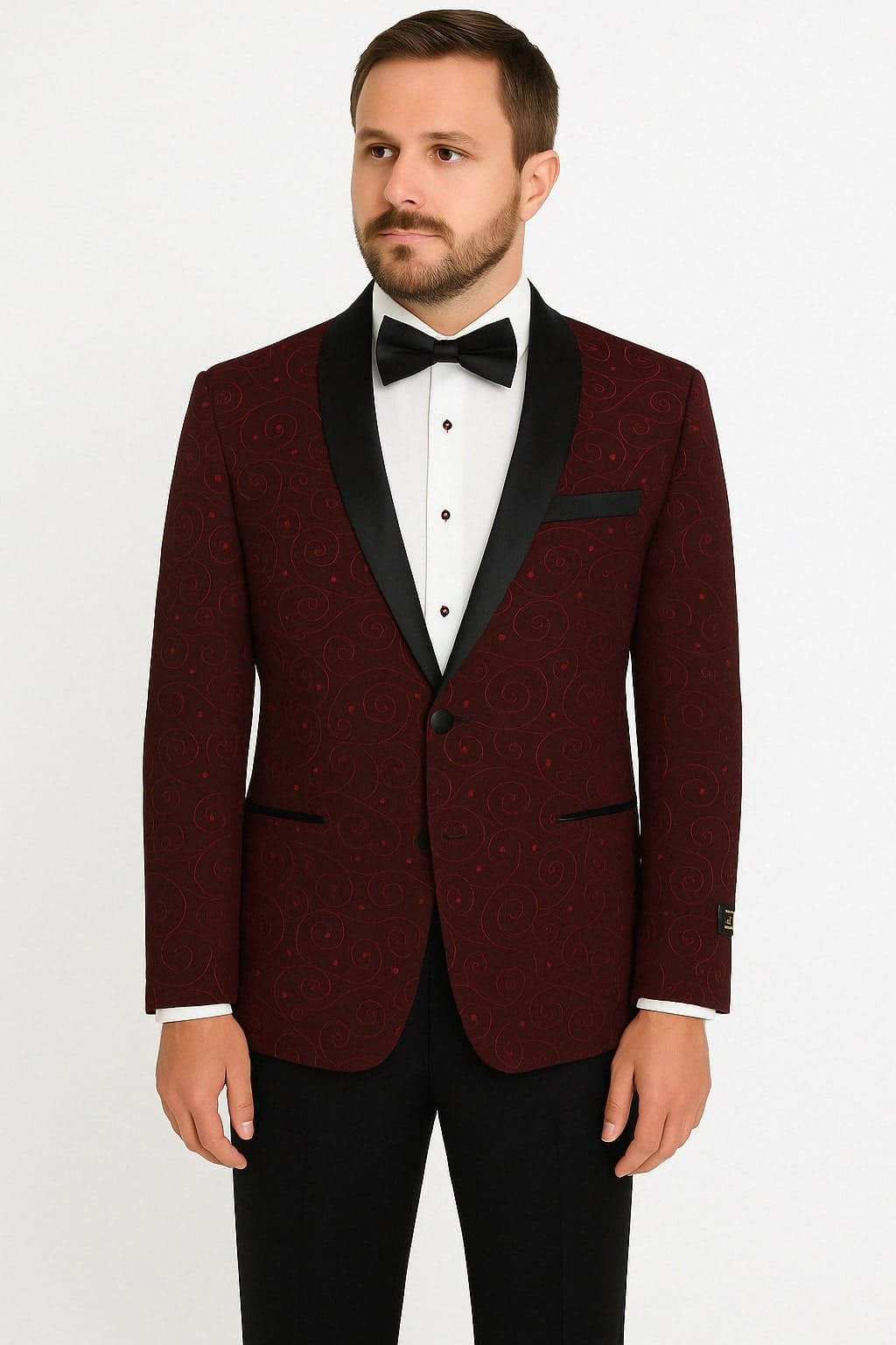 Paisley-300 Burgundy and Black Tuxedo Blazer with Bow Tie | Alberto Nardoni Paisley-300 Burgundy and Black Tuxedo Blazer with Bow Tie | Alberto Nardoni