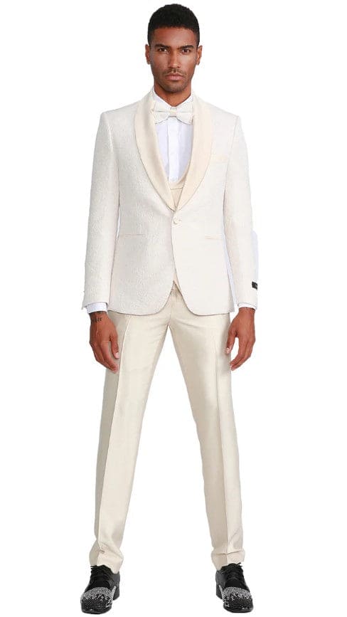 Mens One Button Vested Paisley Prom and Wedding Tuxedo in Ivory