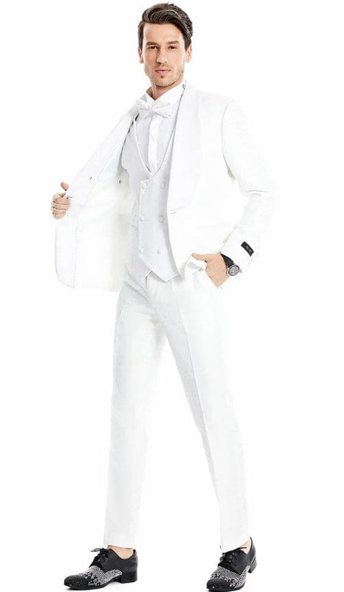 Mens One Button Vested Wide Shawl Lapel Paisley Prom and Wedding Tuxedo in White