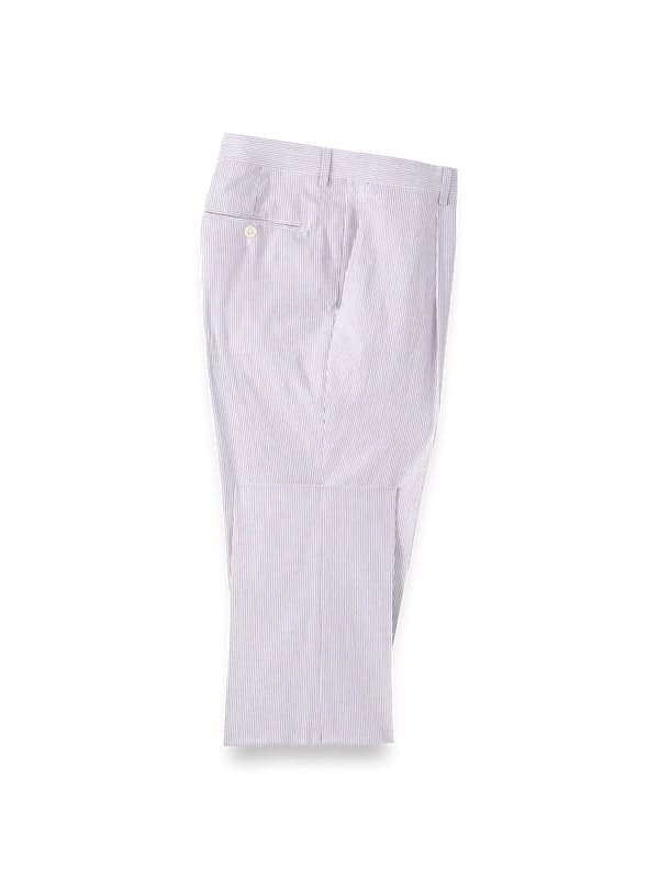 Men's lavender seersucker suit pants. Cotton blend, straight leg. Light purple & white striped pattern. Single back pocket, button closure. Classic, breathable design.