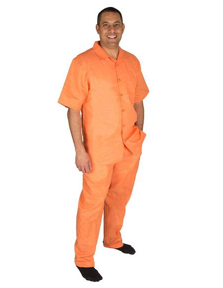 Men's Papaya ~ Orange ~ Peach Button Closure Short Sleeve 100% Linen 2 Piece Pleated Pant Shirt Walking Leisure Suit