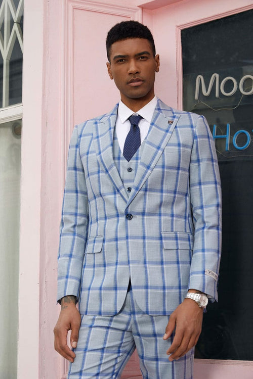 "Mens Stacy Adams Suit - Stacy Adams Suit Men's Vested Peak Lapel Plaid Suit - Blue Windowpane"