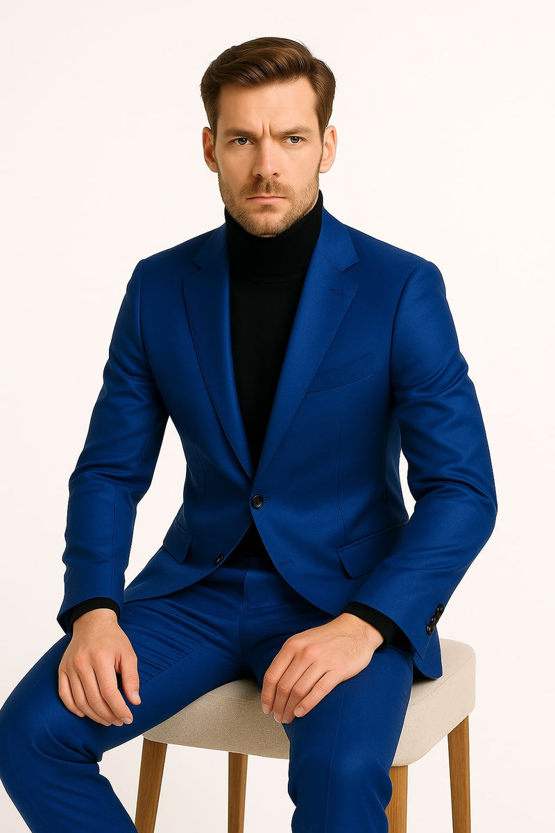 Men’s Royal Blue Shiny Satin Suit – 2-Piece Slim Fit with Peak Lapel