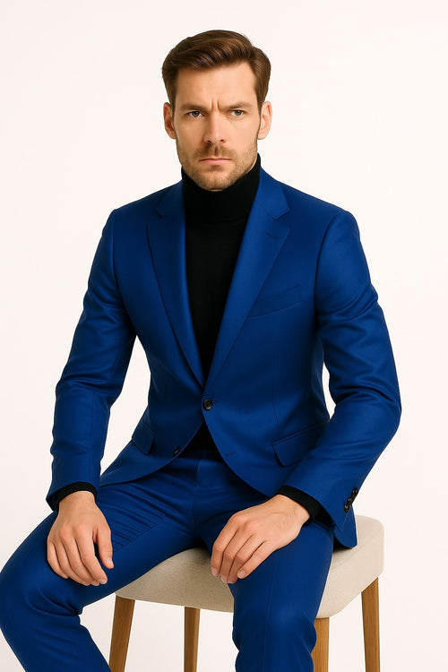 Men's Royal Blue Shiny Satin Suit – 2-Piece Slim Fit Tuxedo with Peak Lapel