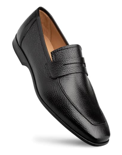 Men's black deerskin penny loafers with smooth, textured surface, rounded toe, and structured silhouette. Features decorative front band.