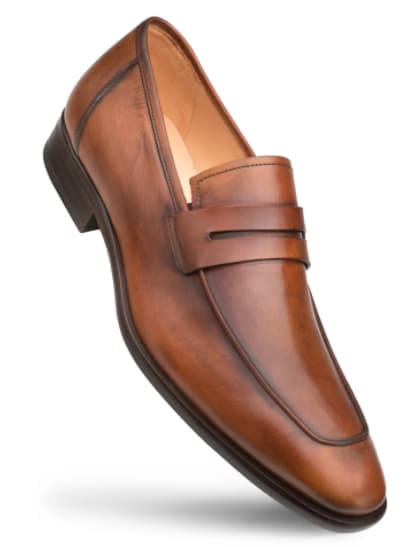 Men's Cognac Calfskin Penny Loafers by Mezlan – Hand-Burnished Leather, Made in Spain