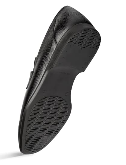 Men's black deerskin penny loafers. Smooth black leather upper, classic penny slot, and textured rubber sole for grip. Comfortable and stylish.