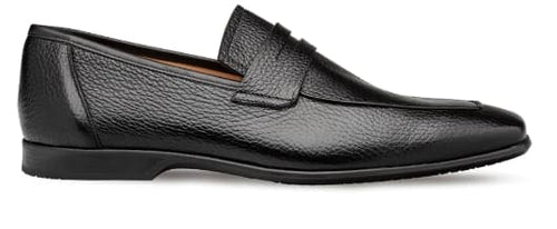 Men's black deerskin penny loafers: sleek, elongated shape, textured surface. Classic penny strap on the upper. Flat, flexible sole. Comfortable and stylish footwear.