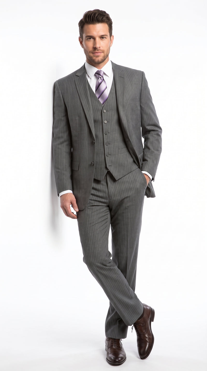 Men's Light Grey Pinstripe 3-Piece Vested Business Suit – Classic Two-Button Charcoal Gray Striped Formal Suit