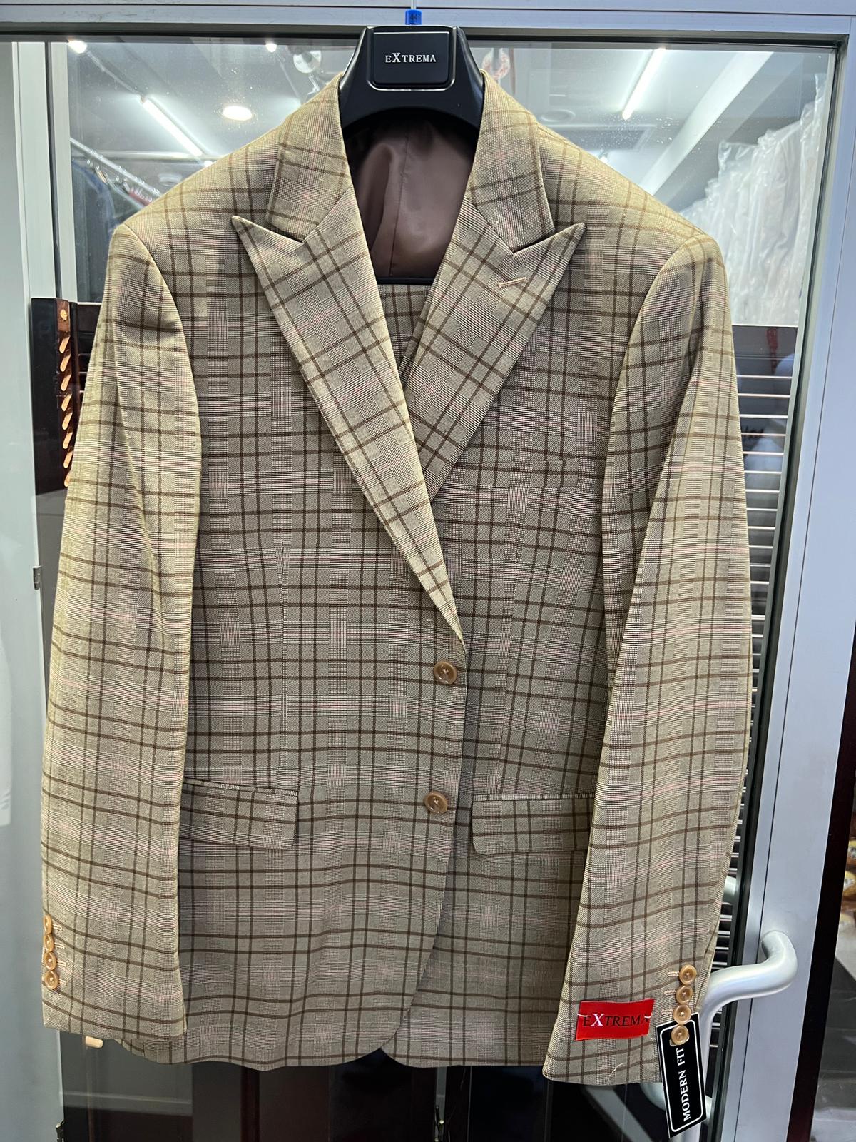 Men's Tan Plaid Blazer – Windowpane Checkered Taupe Colar with Conservative burgunsih Pattern Mix Perfect For Business