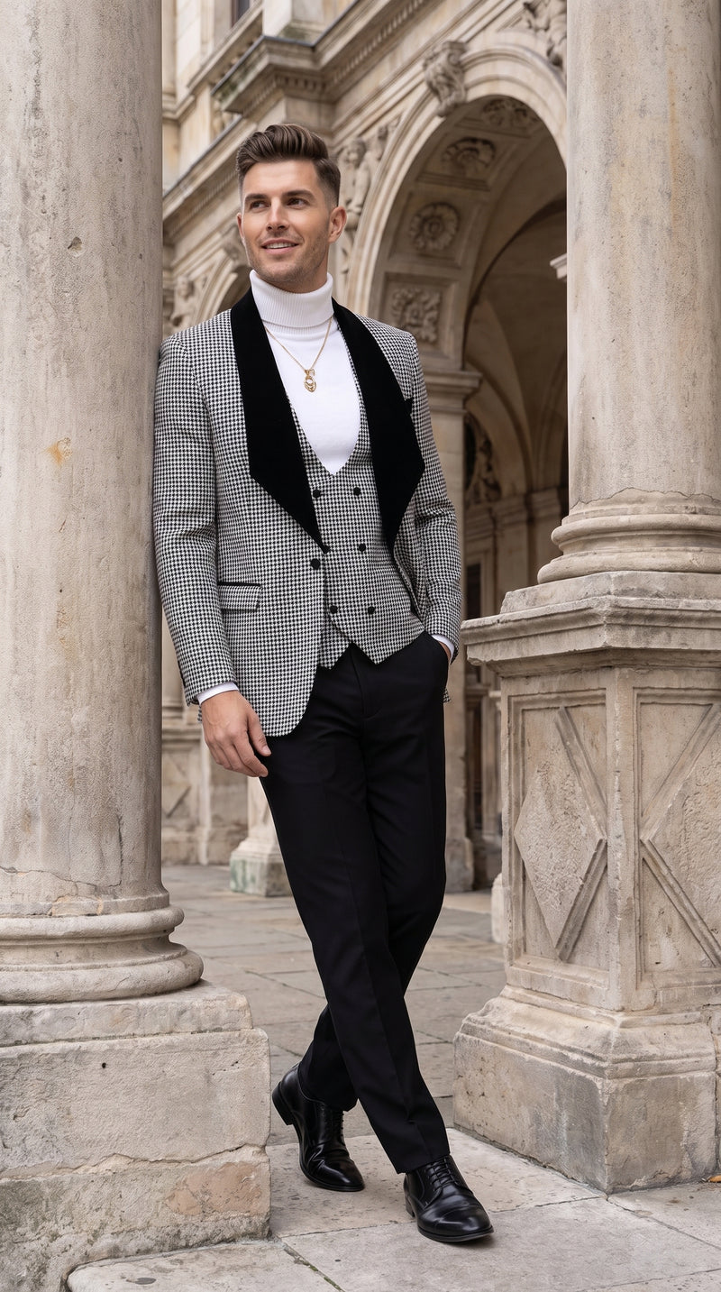 Men's Black & White Houndstooth 3-Piece Tuxedo Suit ā One Button Shawl Lapel Vested Formal Wedding Suit