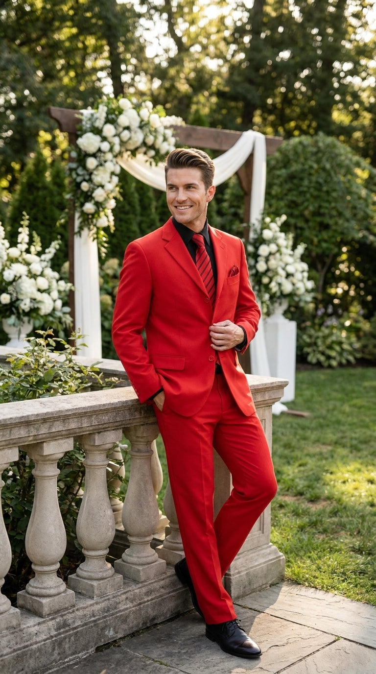 G-Men Men’s Red Super 120s Suit, Solid Color Formal Wedding Prom Business Dress Suit