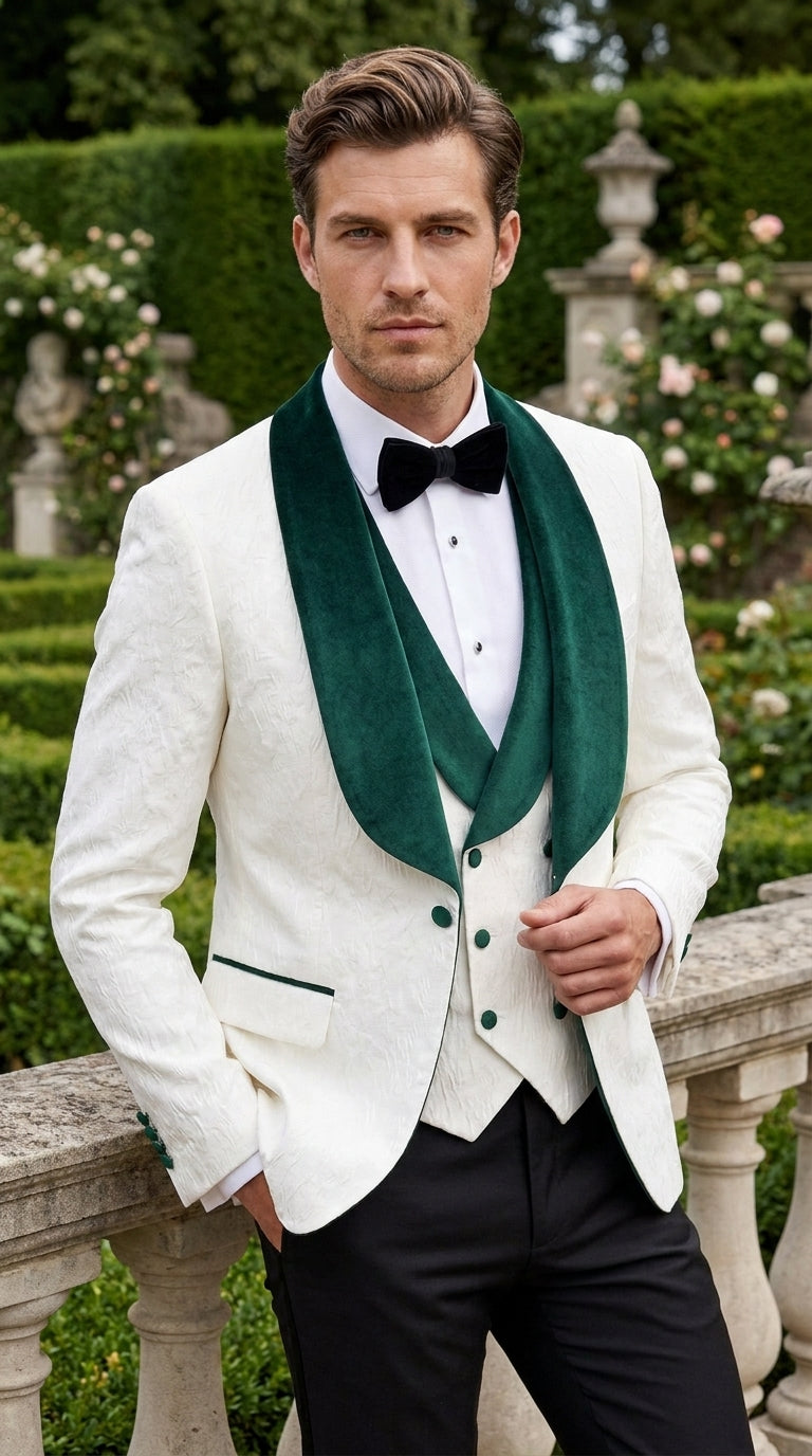 Men’s White and Hunter Green Tuxedo Dinner Jacket, Wide Velvet Shawl Lapel Groom Prom Blazer