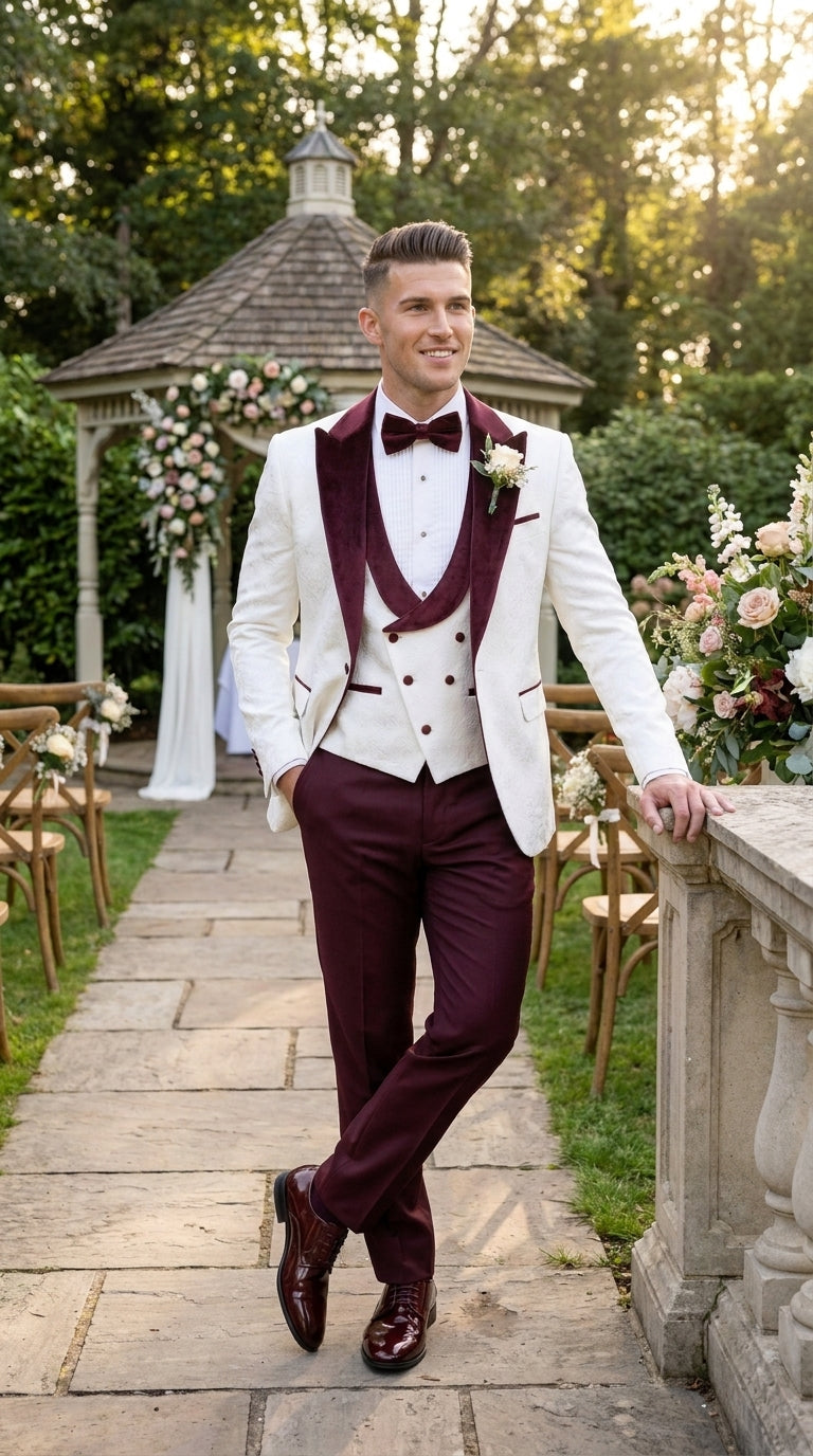 Men’s White and Burgundy Vested Tuxedo Suit, Formal Wedding Groom Prom Dinner Suit