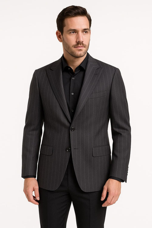 Black pinstripe blazer with dark charcoal grey pattern. Fitted, single-button closure, notched lapels, and flap pockets. Smooth fabric, long sleeves with buttoned cuffs.