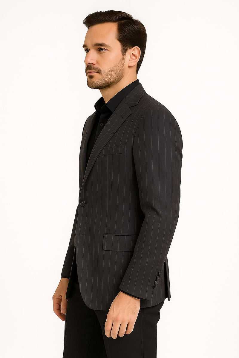 Charcoal grey pinstripe blazer with single-button closure. Textured weave, notched lapels, two flap pockets, and tapered sleeves with button cuffs. Sleek, tailored design.