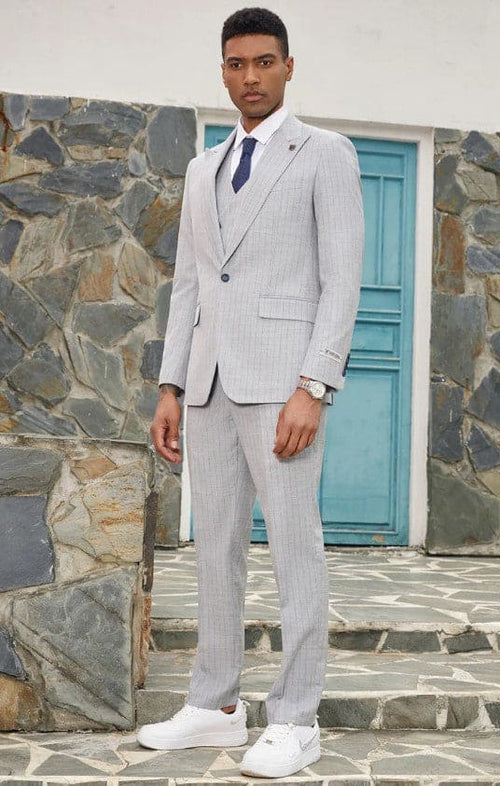 Mens Grey Pinstripe Suit - One Button Peak Lapel Gray Pinstripe Suit Light Grey