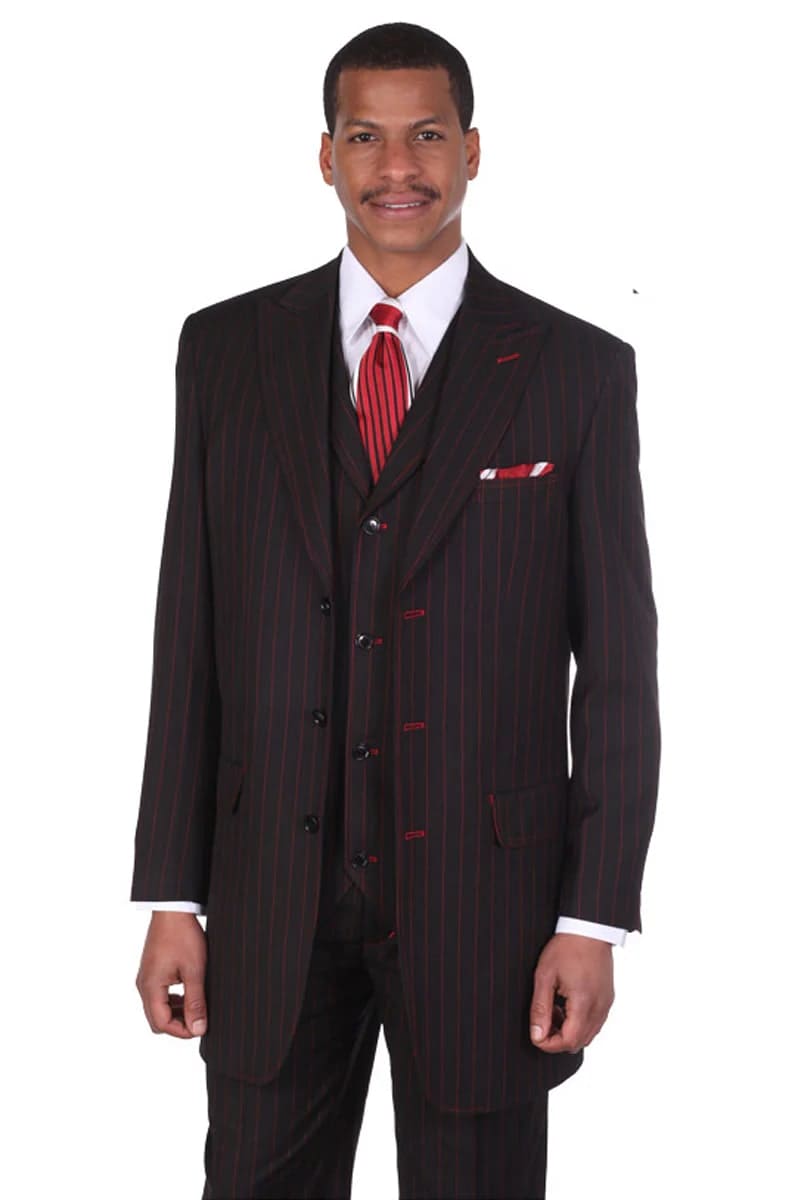 Mens Vested Gangster Pinstripe 1920's Suit in Black